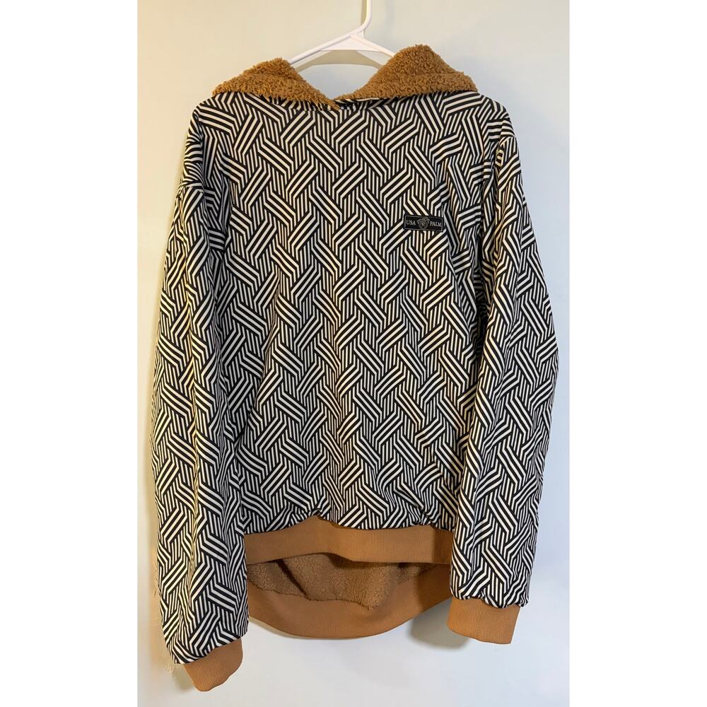 USA Palm Reversible Sherpa Hoodie Large Brown Geometric Fleece Pullover